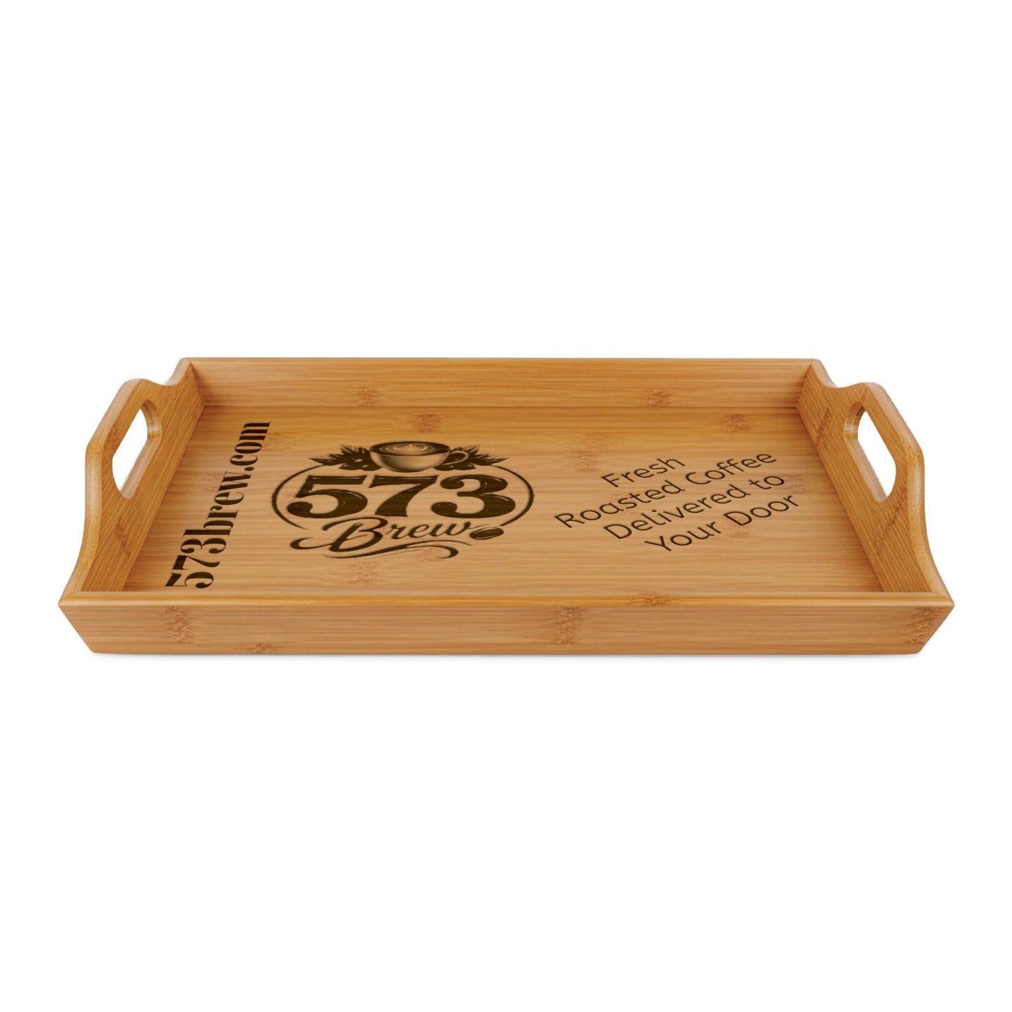 Engraved Bamboo Serving Tray — 573 Brew Coffee Logo, 'Fresh Roasted Coffee Delivered to Your Door'