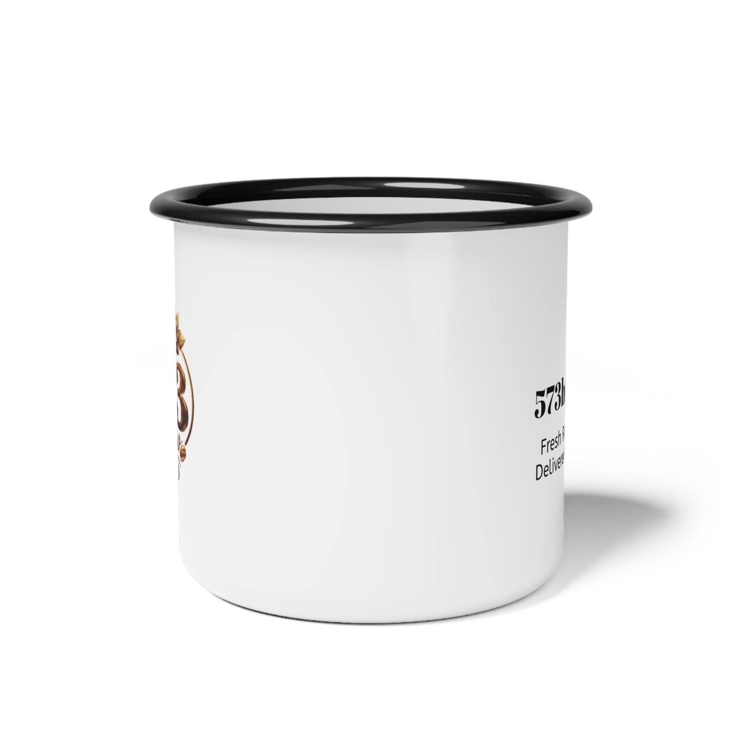 573 Brew Enamel Camp Cup — Retro Coffee Logo Campfire Mug