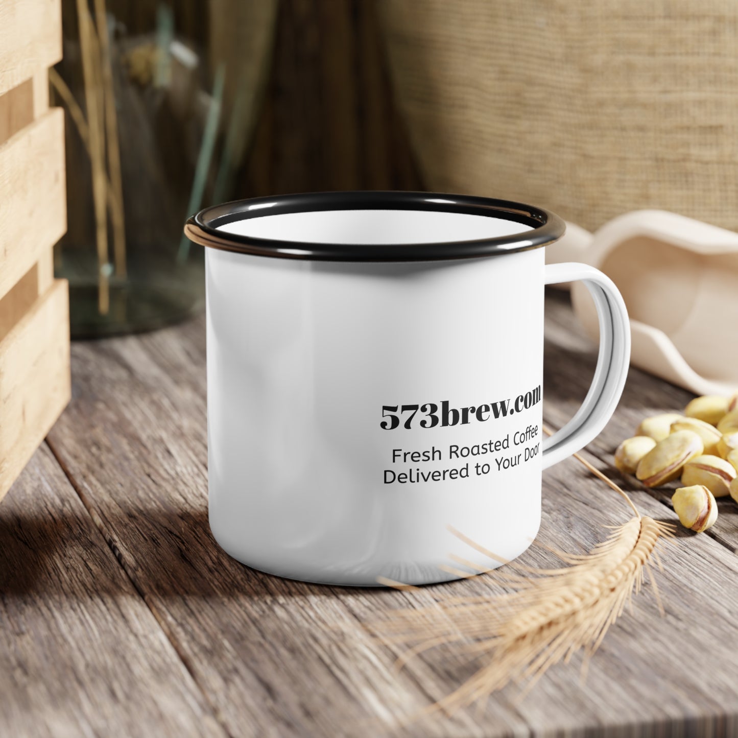 573 Brew Enamel Camp Cup — Retro Coffee Logo Campfire Mug