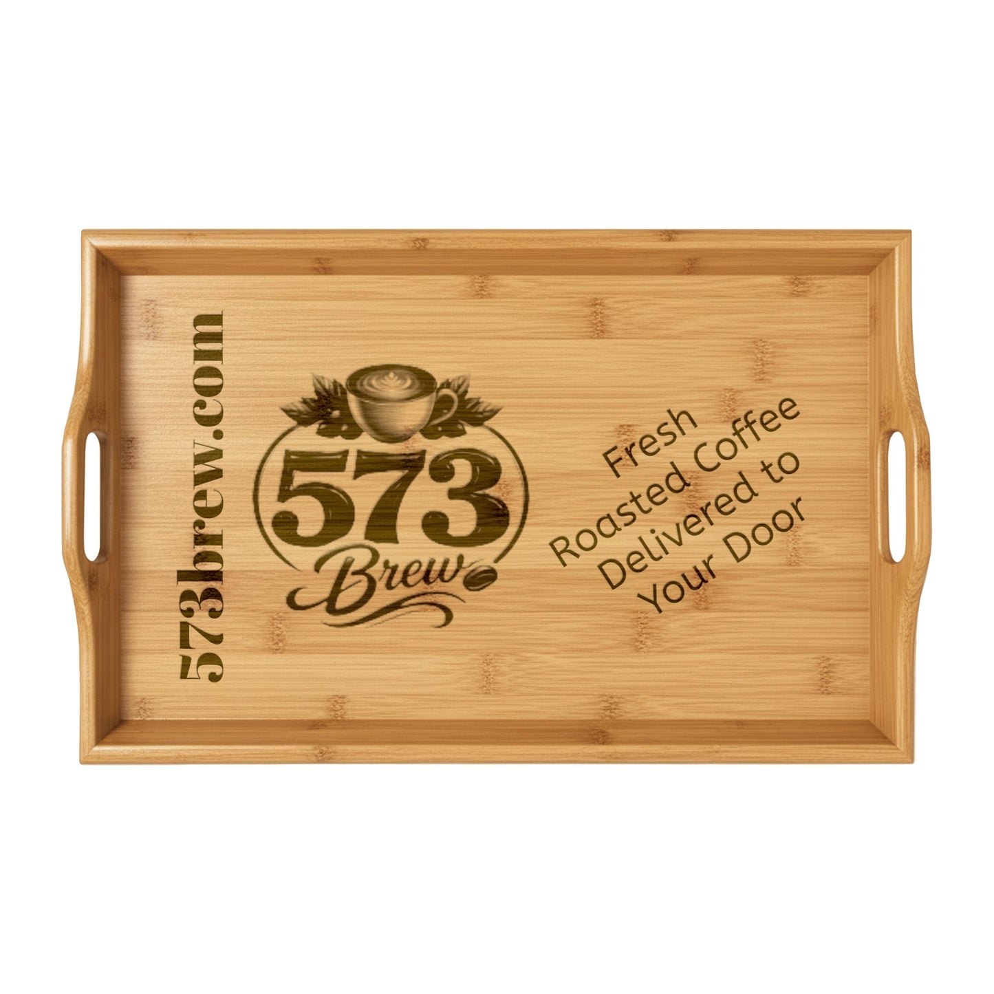 Engraved Bamboo Serving Tray — 573 Brew Coffee Logo, 'Fresh Roasted Coffee Delivered to Your Door'