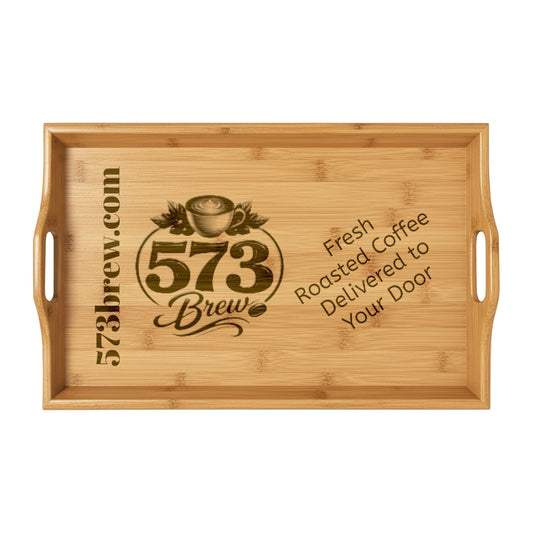 Engraved Bamboo Serving Tray — 573 Brew Coffee Logo, 'Fresh Roasted Coffee Delivered to Your Door'