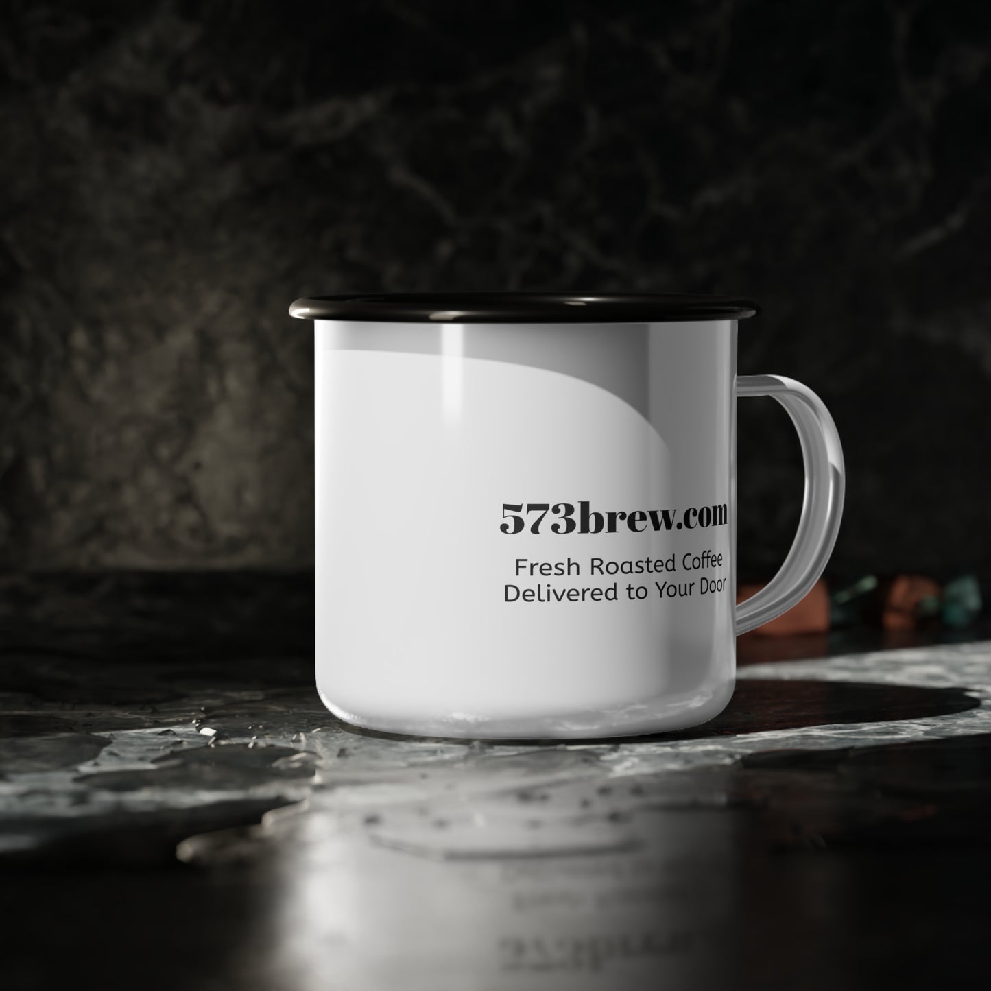 573 Brew Enamel Camp Cup — Retro Coffee Logo Campfire Mug