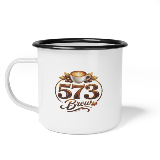 573 Brew Enamel Camp Cup — Retro Coffee Logo Campfire Mug