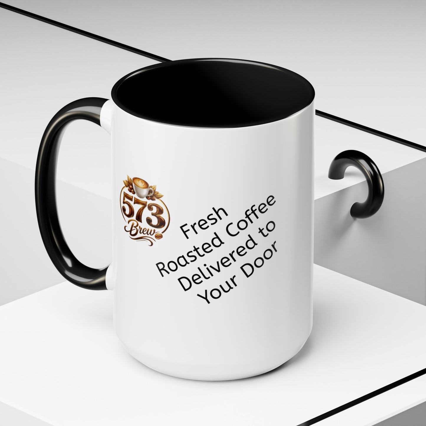 573brew.com Accent Coffee Mug – Black-Trim Ceramic Coffee Cup (11/15oz)
